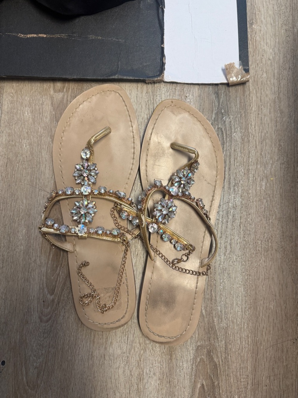 Embellished Gold Floral T-Strap Women's Sandals